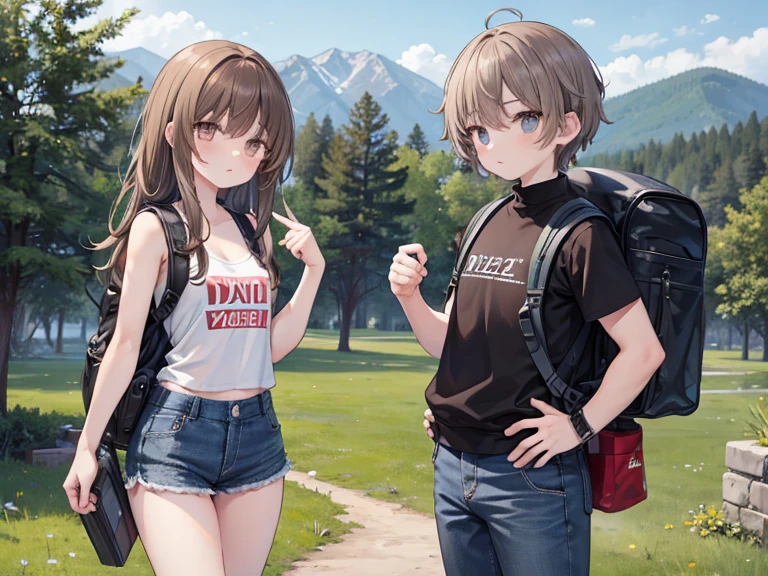 masterpiece; style: Daily; required background: Nature of Russia, middle line, Random landscape; обязательный style одежды: singlet, jeans, hiking boots, fingerless gloves, backpack; Characters: 1 guy and 1 girl (absolute similarity(twins)) Brother and sister, very tousled brown hair, Brown eyes, round beautiful face, muscular proportional athletic trained body, trained arms and legs, Graceful fingers, Aesthetic proportional small wide nose, Plump lips; aesthetic completeness, perfect face; Free standing pose, Interaction with each other; many small details, complex parts; High quality textures, high detail, Realistic human anatomy, realistic textures, daylight, increased image clarity