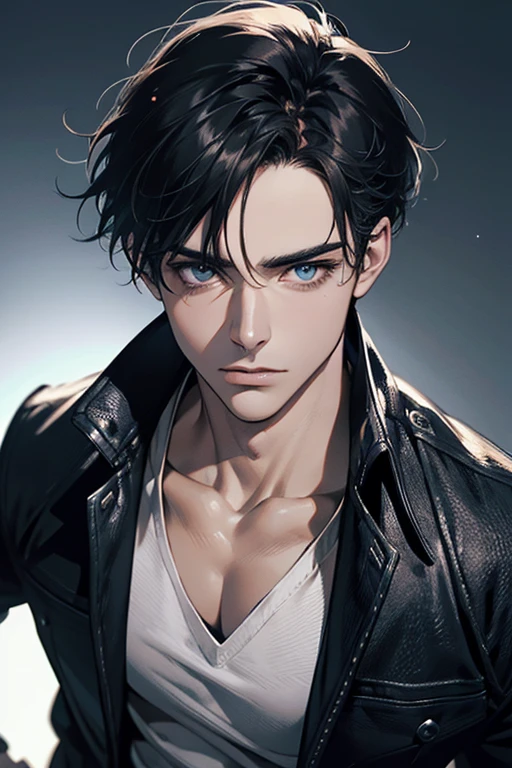 (Best Quality,4k,8k,high resolution,Masterpiece:1.2),ultra detailed,(realist,photorealist,photo-realist:1.37),1 man,31 years,mature man,muscular,square jaw,very handsome,without expresion,short gray black hair,hairstyle,Blue eyes,glare,perfect face without mistakes,imposing posture,collar jacket,leather jacket,dark background,cinematic lighting,imagen HDR