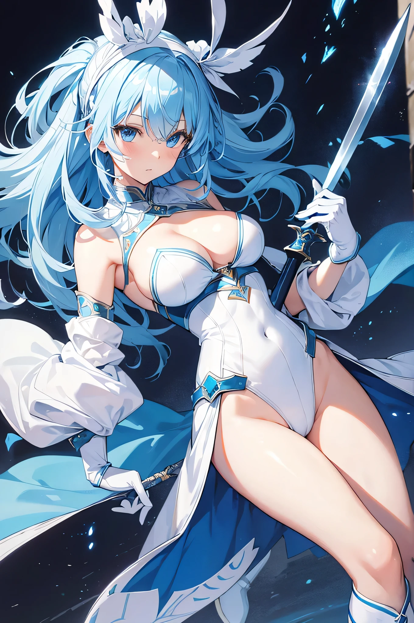 4K,High resolution,One Woman,Light blue hair,long hair,Bright blue eyes,Big Breasts,Swordsman,Blue high leg leotard,Long white gloves,White boots,hair band,Jewelry decoration,Long sword,Medieval town