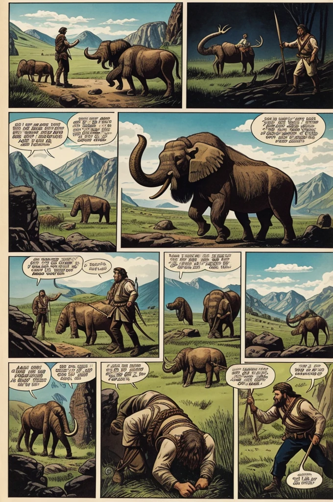 Make me a picture of a comic with the following words:a prehistoric man and woman.in the next page:of a pristoric man hunting a mammoth ,.(Do it like it's a comic