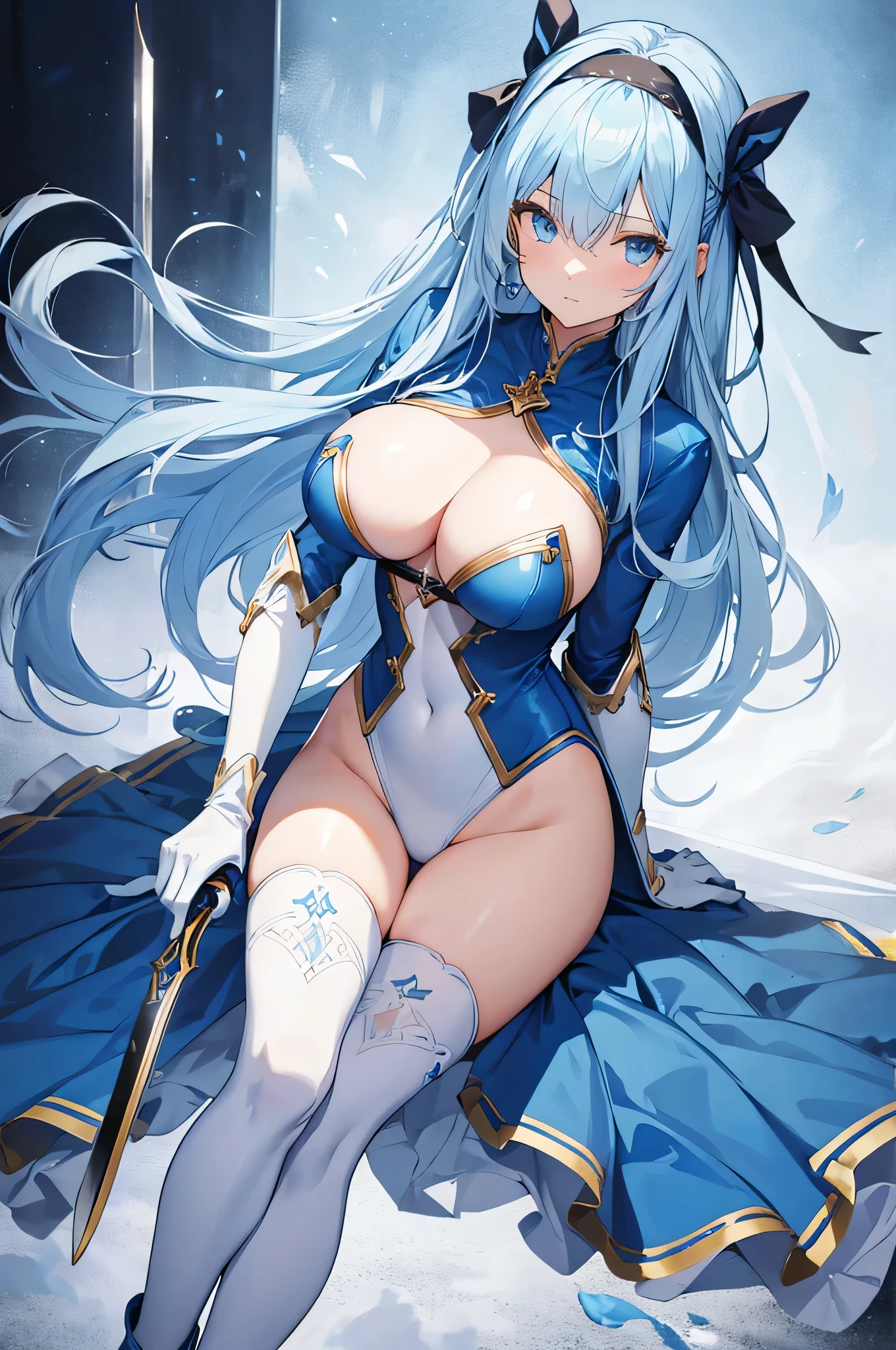 4K,High resolution,One Woman,Light blue hair,long hair,Bright blue eyes,Big Breasts,Swordsman,Blue high leg leotard,Long white gloves,White boots,hair band,Jewelry decoration,Long sword,Medieval town
