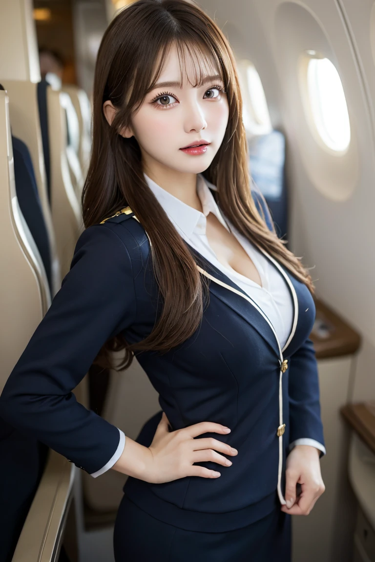 airplane stewardess uniform, Highest quality, shape, Very detailed, In detail, High resolution, 8k wallpaper, Perfect dynamic composition, Beautiful details,  Natural Lip, Stewardess Costume, Big Breasts, Cleavage, She has a sexy pose and a sensual look.., A masterpiece of the whole body, Side Short