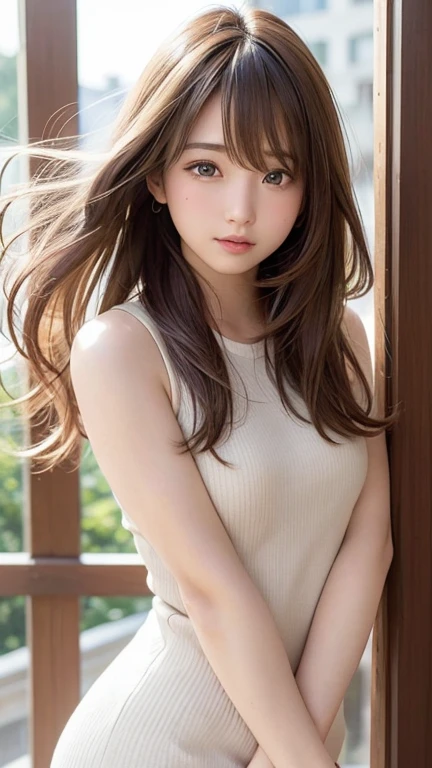 Shiny light brown hair, silky hair, hair blowing in the wind, cute. 19 years old, beautiful face, cute girl, long silky bangs covering between the eyes, very beautiful blonde eyes, hair hiding her face, sexy cute young woman, very white skin, shiny highlighter on cheeks, beautiful face, round face, perfect bust, shy face, no moles, curvy bodyline, hair blowing in the wind, divine feeling, background is in the room, looking up, background is a bit blurred, short hair, A fleeting expression、Small breasts、Sleeveless knitwear