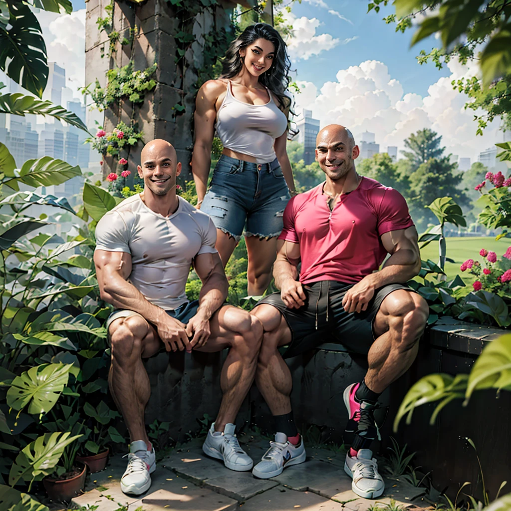 masterpiece, 8k, high resolution, best quality, ultra-detailed), 1 man and a woman together in the photo, the man is very tall, single, one person, bodybuilder, hot, perfect elongated face, handsome, bald, deep, detailed eyes, bald , shaved head, perfect body, 30 years old, muscular, very tall, pale skin, white skin, very tall (he is about 6 feet 5 inches, very muscular, smiling, , winner, poses as a model, during the day, has light bright and dynamic sun, poses in a park with many trees and flowers, comfortable clothing, casual clothing, shirt, camisole, designer shirt, shorts, blue sneakers, all clothing Perfectly covers the extremely muscular body of the bodybuilder The man near the woman looking at each other, the man is taller than the woman A woman: Next to her is an Asian woman with a wavy face, smiling, long straight hair with curves at the ends, dressed in a pink t-shirt with short jeans, white socks and pink tennis shoes.