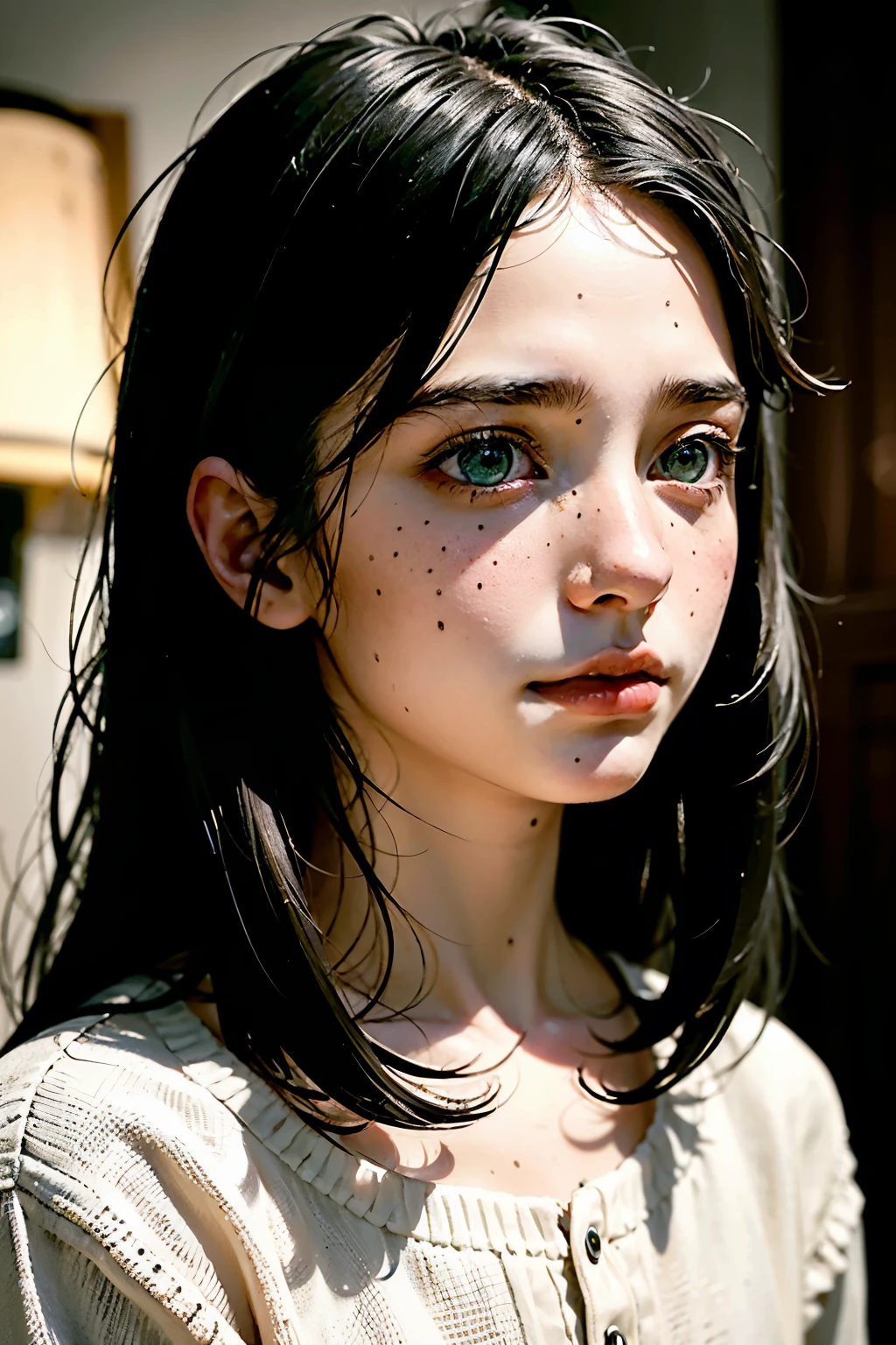 Gender: Girl : 12 cial features: fine features, splattered nose, expressive green eyes Skin color: clear skin, Caucasian Body Type: Thin and fragile Hair color and style: Shiny black hair, a little over the shoulders and tousled Clothing and accessories: Wears sloppy, worn-out clothing Expression or posture: Sad or mysterious expression, with a deep and melancholic look, slightly hunched posture as if carrying great sadness Context or environment: In a nocturnal and mysterious environment