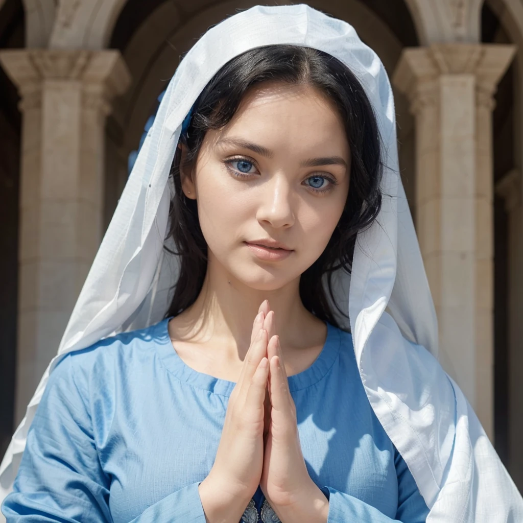 Beautiful woman with light blue eyes, curly black hair, wearing a blue tunic with wide, long sleeves adjusted at the waist by a white sash. Wear a thick white veil.