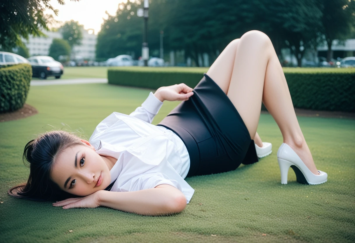 8k, raw photo, best quality, masterpiece, realistic, photo realistic, clear, professional lighting, beautiful face, best quality,ultra high res, realistic japanese beautiful, Super detailed, 1girl, clothed, outdoor, lie on your side, full body