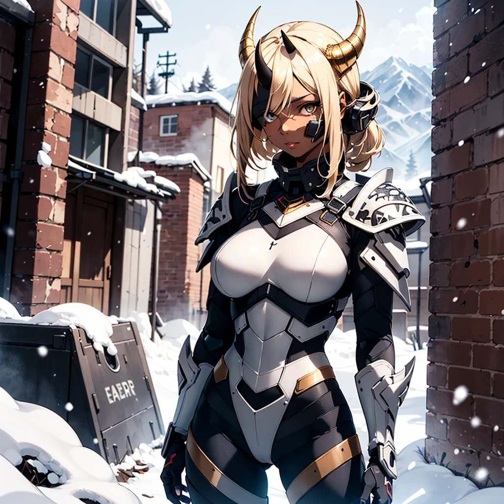 ((best quality)), ((masterpiece)), (detailed), 1girl, 8k_wallpaper, extremely detailed eyes, (large masterpiece digital art), (intricate details:1.3 ), (ultra-detailed:1.3), (sharp focus:1.3), (natural lighting:1.05), (vivid colors:1.3), (best quality:1.4), high quality, expressive eyes, full body, detailed face, beautiful face, perfect face, ((blonde hair)), (gold eyes), ((large blue horns)), {{dark skin}}, ({dark skinned female}), dressed in heavy combat steel cyber close armor of a dark red steel color, a military radio hanging on her belt, she is dressed in heavy steel closed-type cyber armor, a heavy armored cyber exoskeleton, powerful armor covers her entire body, she stands on a winter evening in the middle of the ruins of the old city next to a fantastic cyber military SUV against the backdrop of high snowy mountains, it is snowing,