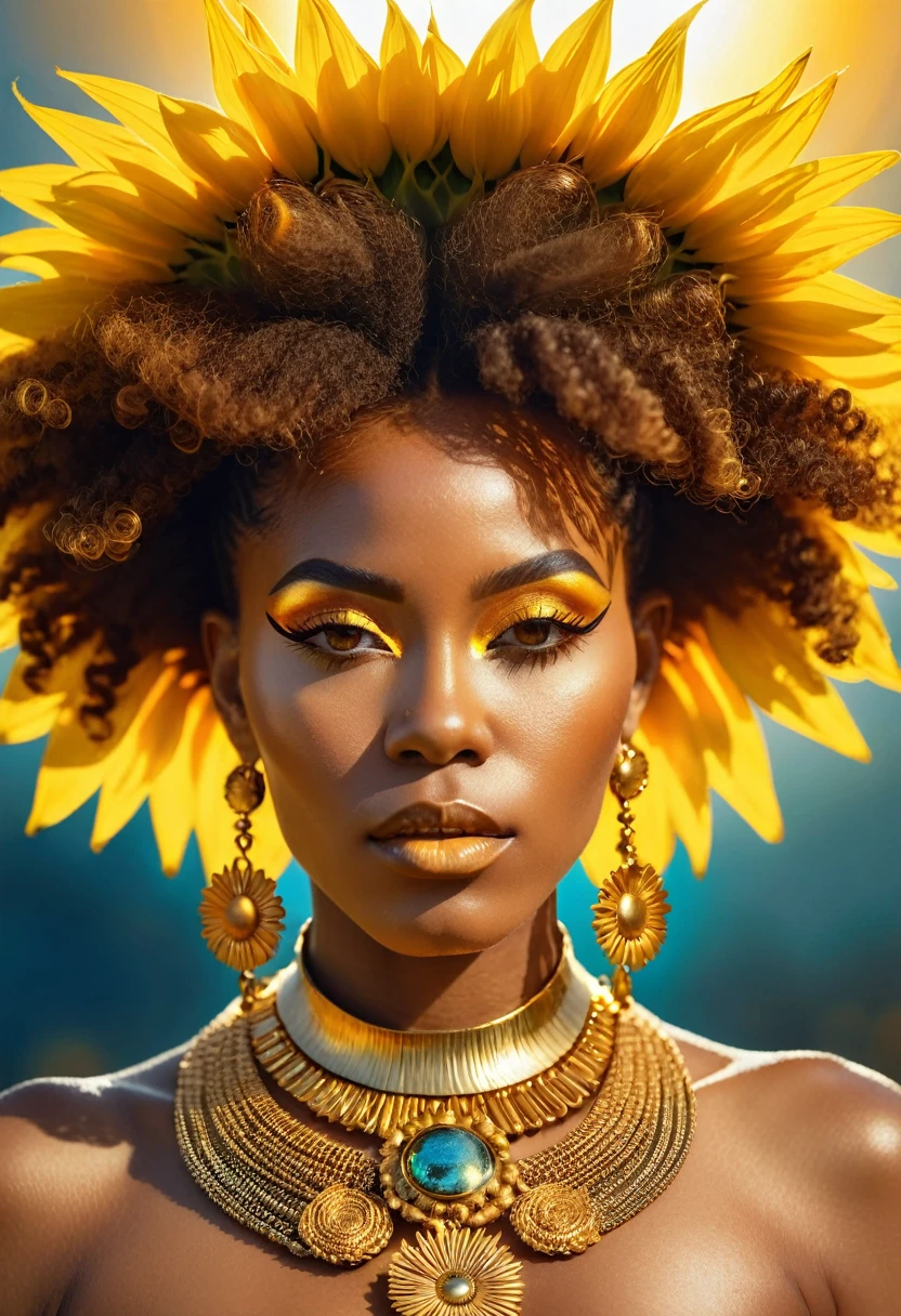 a woman with afro and gold jewelry, a Chinwe Chukwuogo-Roy portrait, afrofuturism, like the sun goddess, sun goddess, the sun queen, high definition, NFT, Dominant, haughty, powerful, empowered, lit by the Sun, radiant beauty, exuberantly majestic, sunflower eyes 