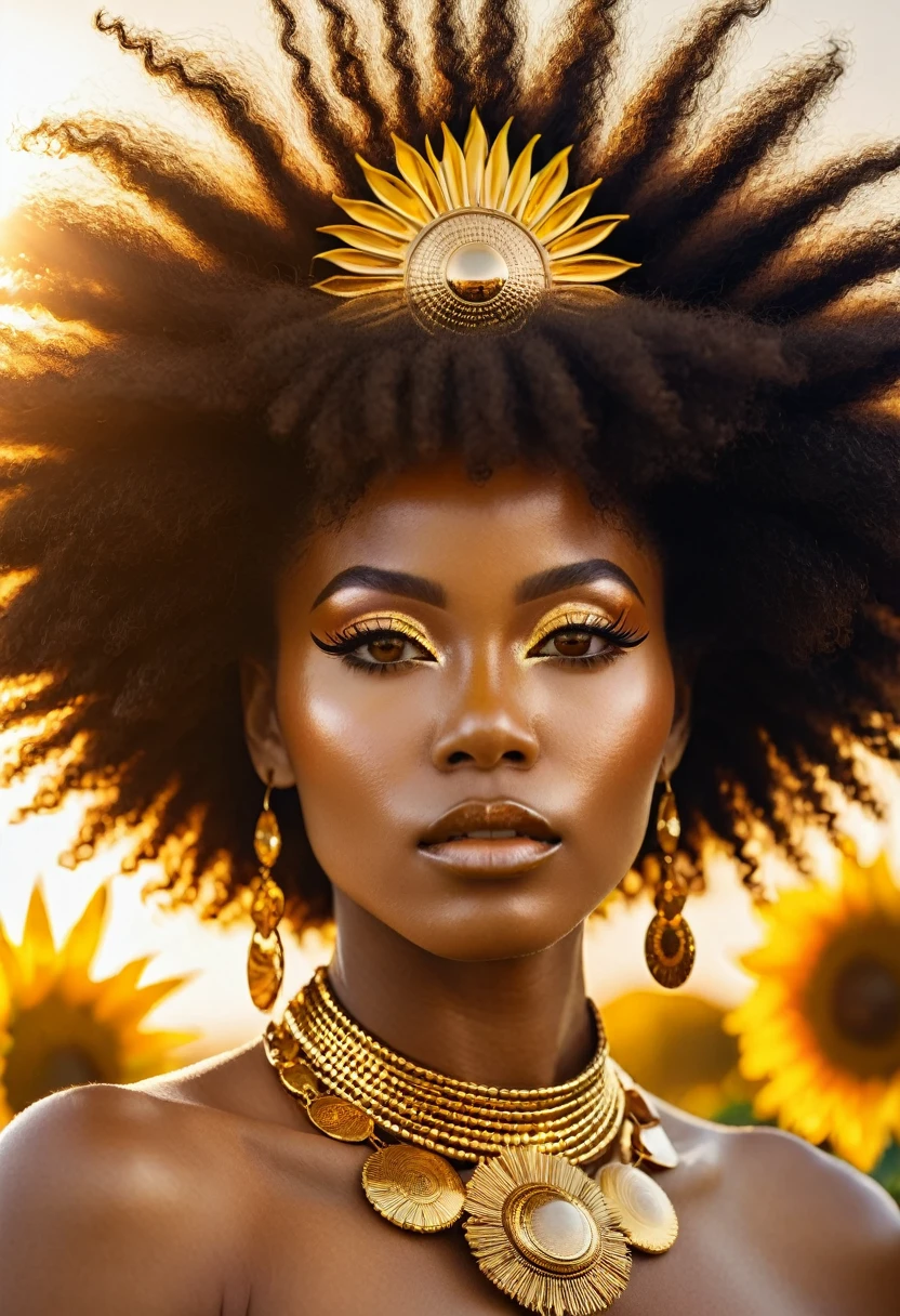 a woman with afro and gold jewelry, a Chinwe Chukwuogo-Roy portrait, afrofuturism, like the sun goddess, sun goddess, the sun queen, high definition, NFT, Dominant, haughty, powerful, empowered, lit by the Sun, radiant beauty, exuberantly majestic, sunflower eyes
