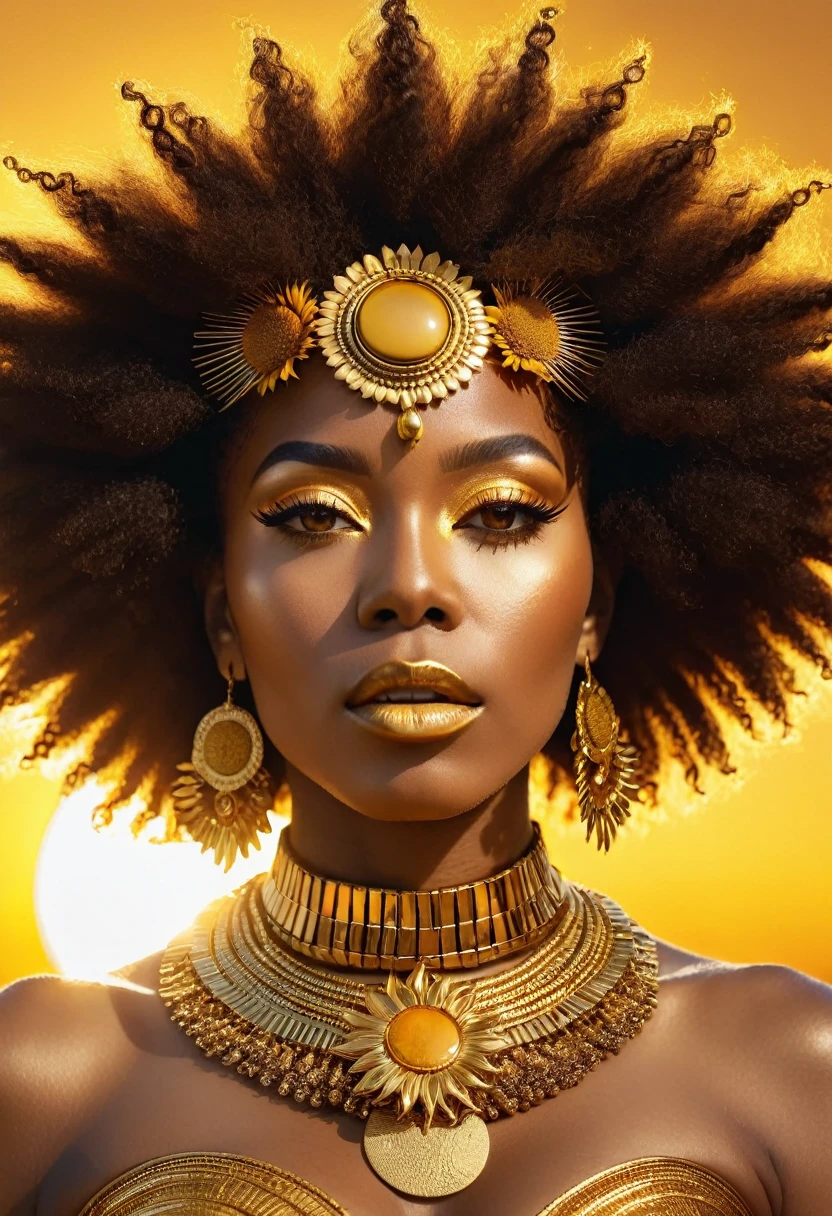 a Queen of the Sun,
dark-skinned female goddess of love,
with a golden yellow dress,
long black hair,
trembling, long eyelashes, solid circular eyes,
light sensual smile,
red full lips,
voluminous breasts,
sitting on a riverbank,
looking in a mirror,
picking lilies,
covered in lilies,
afrofuturism
, epic 3d, oshun, goddess of flowers, a stunning portrait of a goddess, surrealism, drop shadow, anaglyph, stereogram, tachi-e, pov, atmospheric perspective, 8k, super detail, accurate, best quality