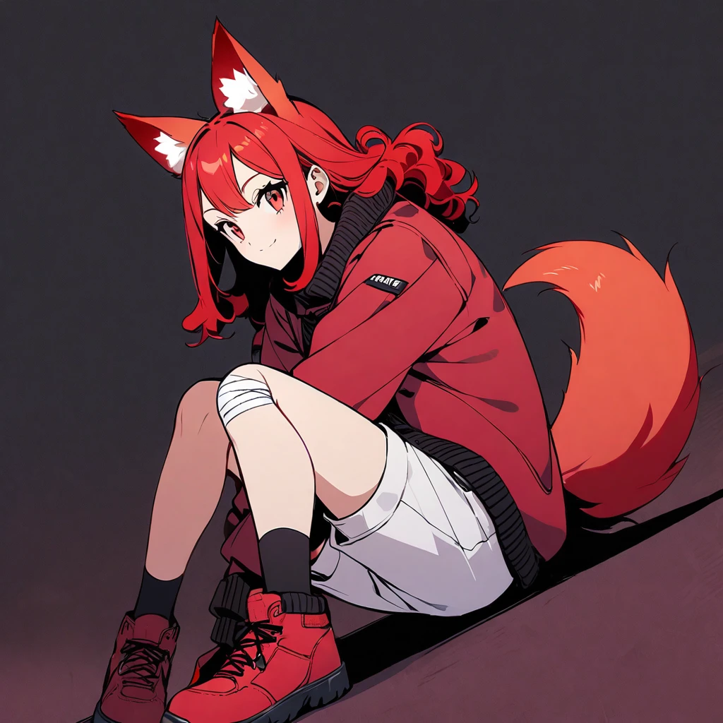 (well done:1) woman, short red, slightly wavy hair, red fox ears and tail, bulky red winter jacket with black details, white shirt, white shorts, bandage on the knee, red sneakers.