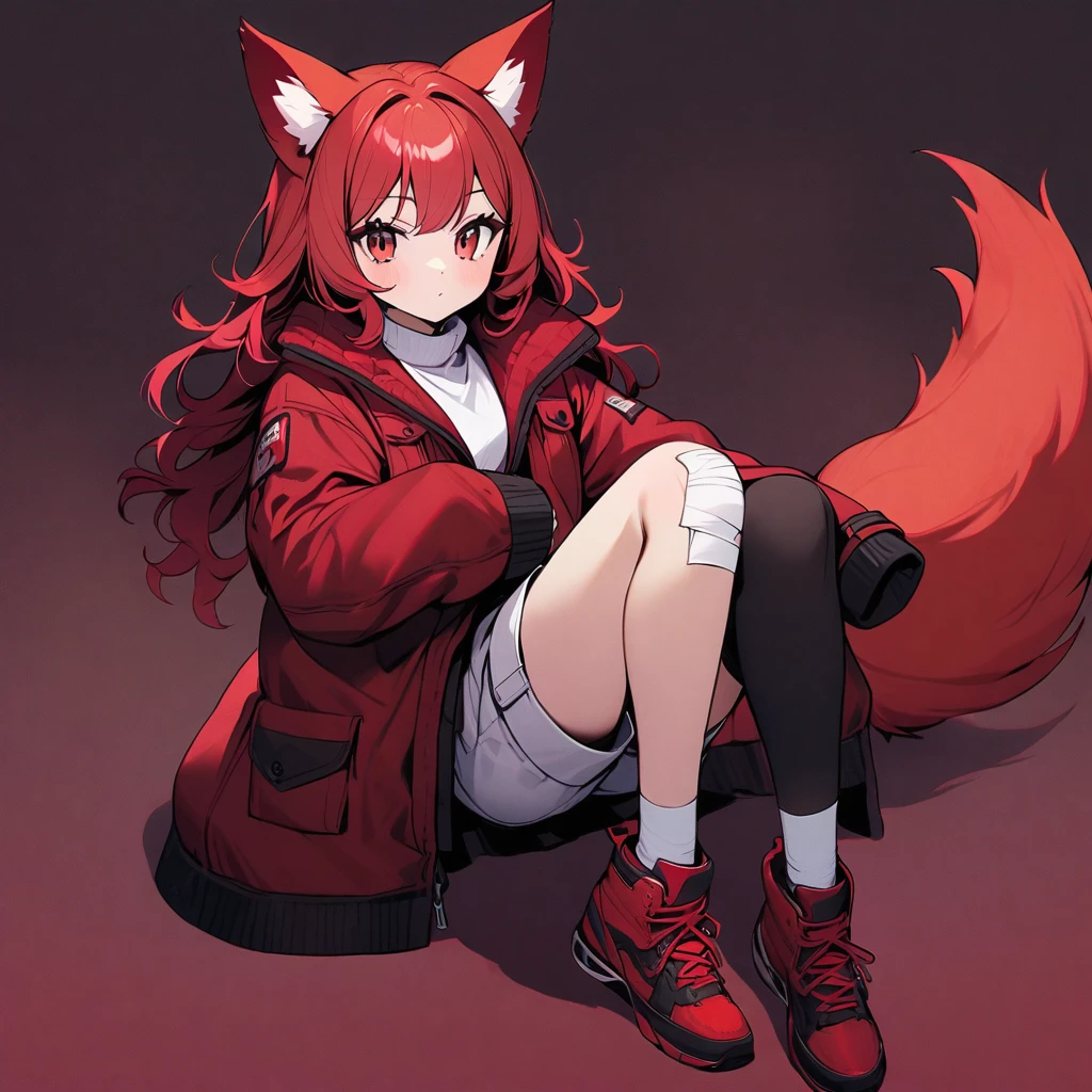 (well done:1) woman, short red, slightly wavy hair, red fox ears and tail, bulky red winter jacket with black details, white shirt, white shorts, bandage on the knee, red sneakers.