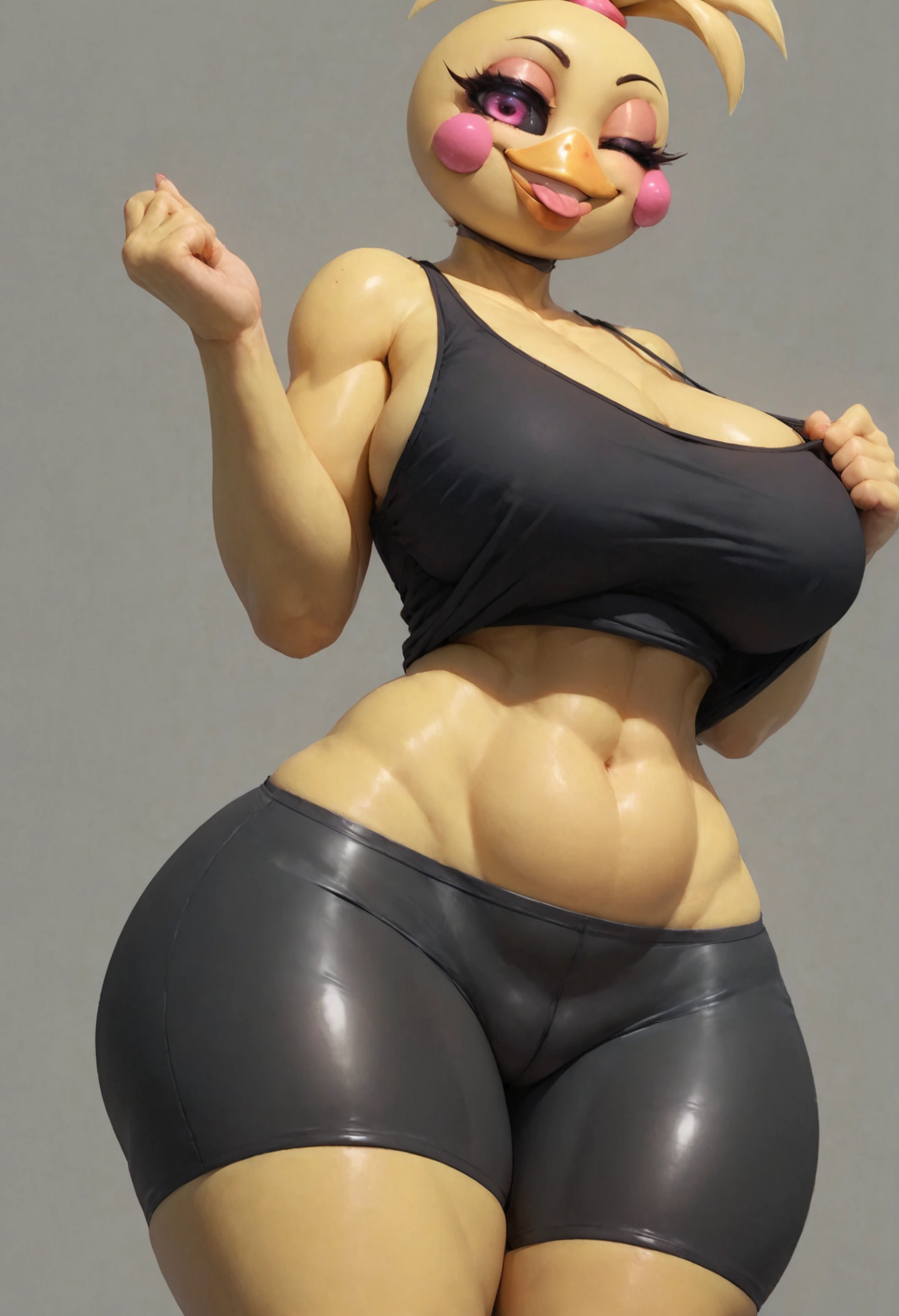 score_9, score_8_up, score_7_up, score_6_up, score_5_up, score_4_up, source_anime, smooth, highres image, fullbody, volumetric lighting, beautiful face, detailed face, detailed texture skin, detailed face, detailed eyes, beautiful eyes, from below, BREAK toychica, \(fnaf\), yellow skin, black shirt, tank top, bike shorts, (flashing belly, lifting shirt), black knees socks, standing, covered body: 1.2, huge breasts, (smirk smile: 1.2), furry, yellow fur, smirk face, naughty face, grin, yellow skin, thick legs, pink eyes, thick body, thick legs, looking at viewer, blonde hair, big ass, one eye closed, winking one eye, tongue out, showing tongue, :p, thick thighs, wide hips, side view, 5 fingers, intricate details on hands, good hands, (simple grey background), dutch angle, blurry background