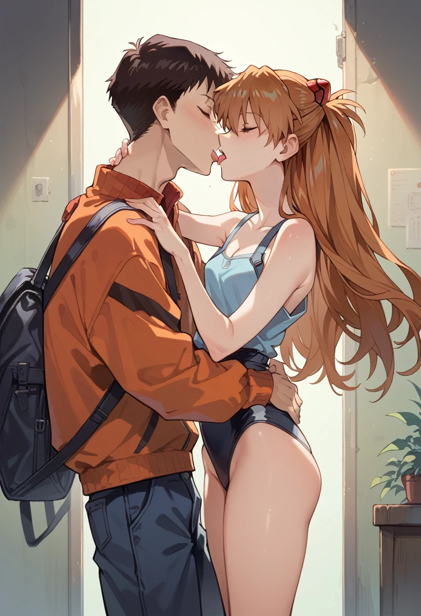 1girl, souryuu asuka langley, neon genesis evangelion,long hair,master piece,ultra high res,standing,sleepwaer,tongue kissing