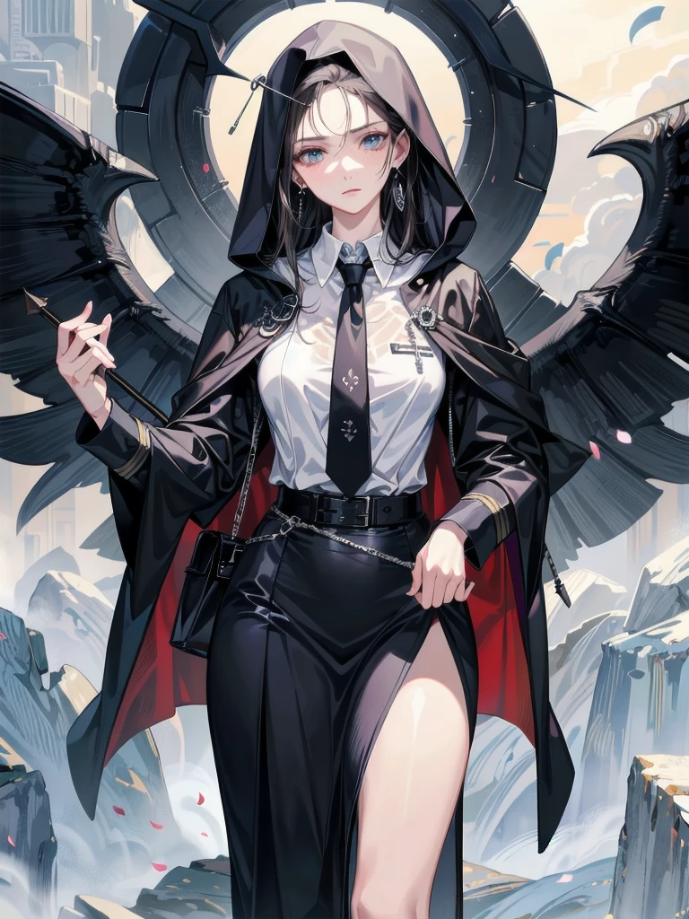 best quality, masterpiece, highres, solo, {black business suit:1.40}, {tie:1.20}, {sunglasses:1.25}, {white gloves:1.15}, {white shirt:1.10}, {black skirt:1.15}, {smoking:1.20}, handsome, {shameimaru_aya_touhou:1.15}, short_hair, hat, black_hair, tokin_hat, red_eyes, bangs, red_headwear, smile, wings, black_wings, ribbon, upper_body, hair_between_eyes, pointy_ears, breasts