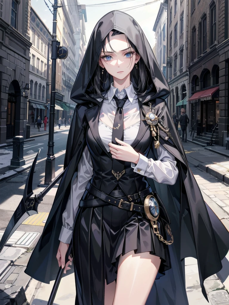absurdres, RAW photo, extremely delicate and beautiful, masterpiece, Best Quality, ultra high resolution, 32k, hyperrealistic, ultra-detailed, perfect anatomy, anatomically correct, perfect figure, Perfect Style, Perfect balance, super Detailed skin, in her 30s, very Slim body, narrow waist, very small head, very small face, delicate facial features, handsome detailed woman, very detailed eyes and face, realistic face proportions, Realistic beautiful face, Realistic beautiful eyes, tearful mole, earring, big tits, full body shot, medium hair, indoor, grim reaper, hooded robe, huge scythe, business suit, blazer, shirt, skirt, tie,