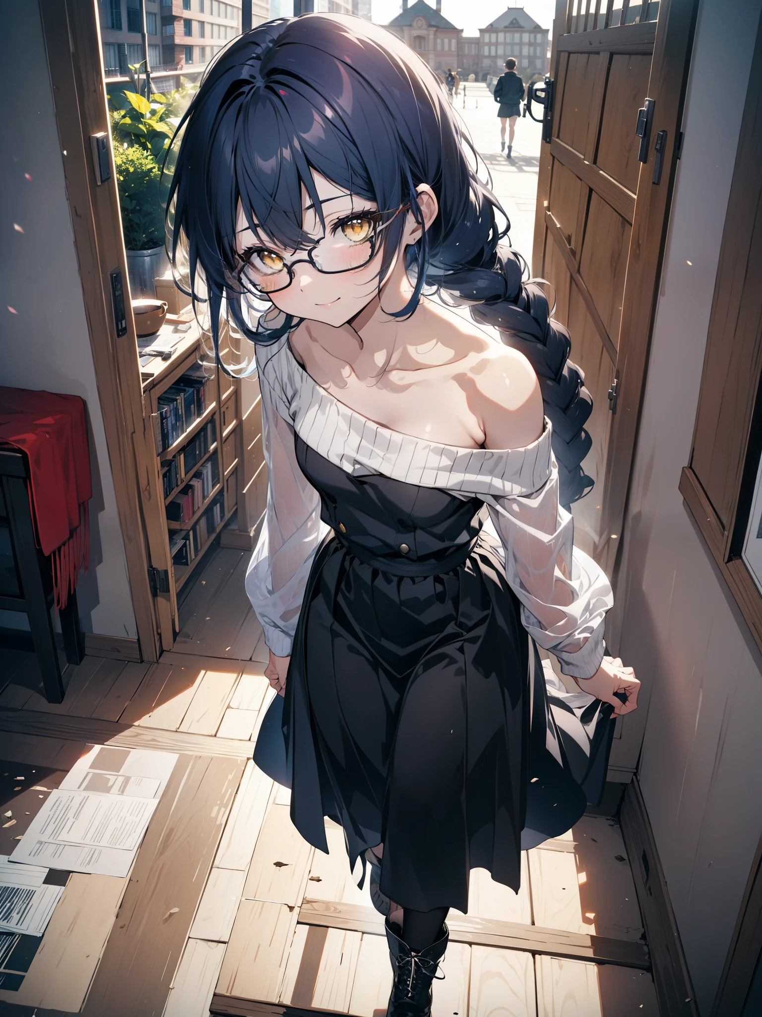 you like it, Umi Sonoda, Long Hair, Blue Hair, (Yellow Eyes:1.5) (Flat Chest:1.2),Blue one-shoulder sweater,Long skirt,Black pantyhose,short boots,Baseball hats,Black-rimmed glasses,Long braids,smile,Walking,morning,morning陽,The sun is rising,On the way to school,whole bodyがイラストに入るように,
break looking at viewer,whole body,
break outdoors, station,
break (masterpiece:1.2), Highest quality, High resolution, unity 8k wallpaper, (figure:0.8), (Beautiful attention to detail:1.6), Highly detailed face, Perfect lighting, Highly detailed CG, (Perfect hands, Perfect Anatomy),