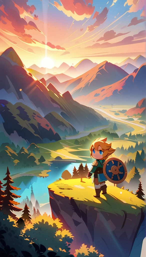 a chibi Link character from The Legend of Zelda, adventuring in a fantasy landscape, cute, whimsical, 1boy, beautiful detailed eyes, beautiful detailed lips, extremely detailed face, longeyelashes, tunic, sword and shield, forest, mountains, clouds, sunlight, vibrant colors, fantasy art, anime style, 4k, high quality, masterpiece, coloring