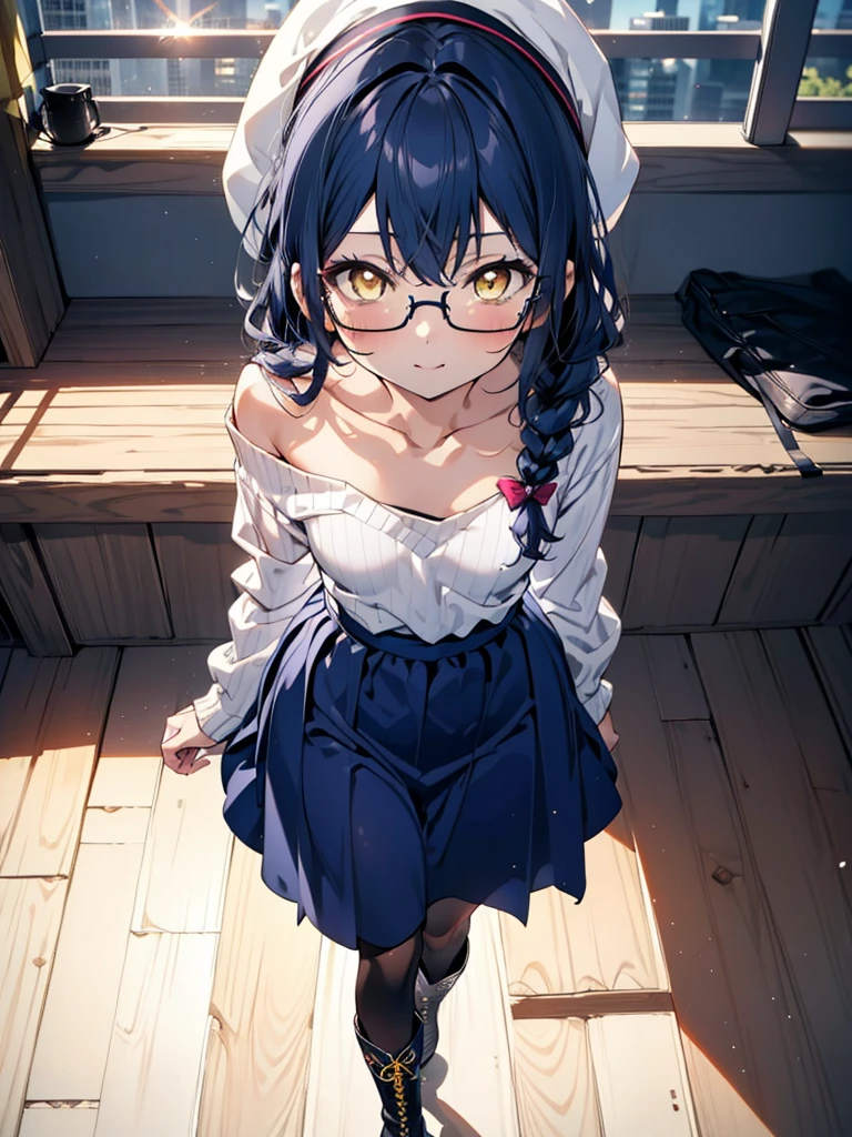 you like it, Umi Sonoda, Long Hair, Blue Hair, (Yellow Eyes:1.5) (Flat Chest:1.2),Blue one-shoulder sweater,Long skirt,Black pantyhose,short boots,Baseball hats,Black-rimmed glasses,Long braids,smile,Walking,morning,morning陽,The sun is rising,On the way to school,whole bodyがイラストに入るように,
break looking at viewer,whole body,
break outdoors, station,
break (masterpiece:1.2), Highest quality, High resolution, unity 8k wallpaper, (figure:0.8), (Beautiful attention to detail:1.6), Highly detailed face, Perfect lighting, Highly detailed CG, (Perfect hands, Perfect Anatomy),