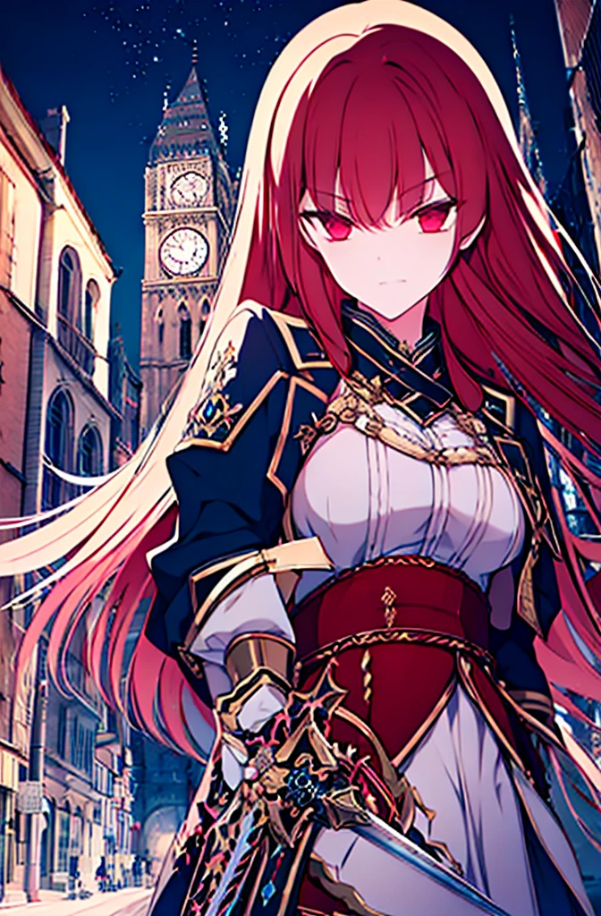 4k,hight resolution,One Woman,Bright red hair,Longhaire,red eyes,knights,white sacred armor,jewel decorations,Big sword,medieval town,furious,