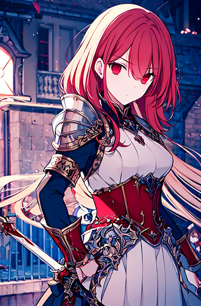 4k,hight resolution,One Woman,Bright red hair,Longhaire,red eyes,knights,white sacred armor,jewel decorations,Big sword,medieval town,furious,