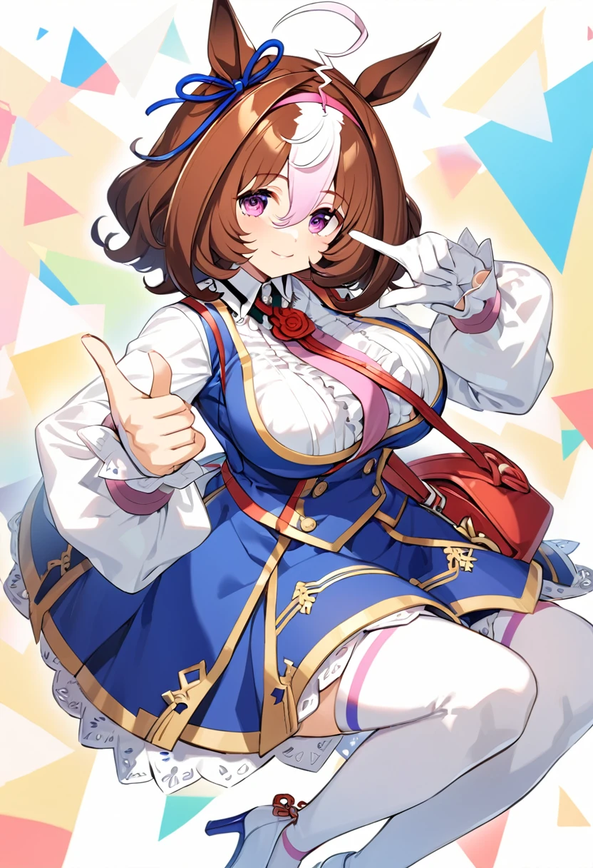 meisho doto \(umamusume\),white shirt, collared shirt, white gloves, shoulder bag, strap between breasts, blue skirt, long sleeves, white thighhighs, high heels, handbag, white footwear, center frills, sleeves past wrist,light smile,looking_at_viewer,Finger Frame