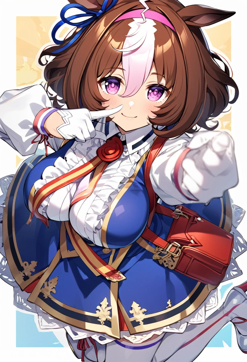 meisho doto \(umamusume\),white shirt, collared shirt, white gloves, shoulder bag, strap between breasts, blue skirt, long sleeves, white thighhighs, high heels, handbag, white footwear, center frills, sleeves past wrist,light smile,looking_at_viewer,Finger Frame