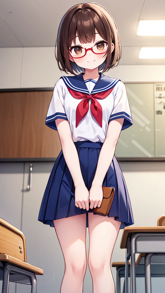Comical movement、Teasing Smile、Shynesischief、Expectations、surprise、Shyness、School、classroom、pretty girl , Shooting from below, One Girl, Brown Hair、Very short hairstyle, Brown eyes、Red frame glasses、Short sleeve white blouse, Navy Blue Skirt, Navy blue socks, Brown Loafers
