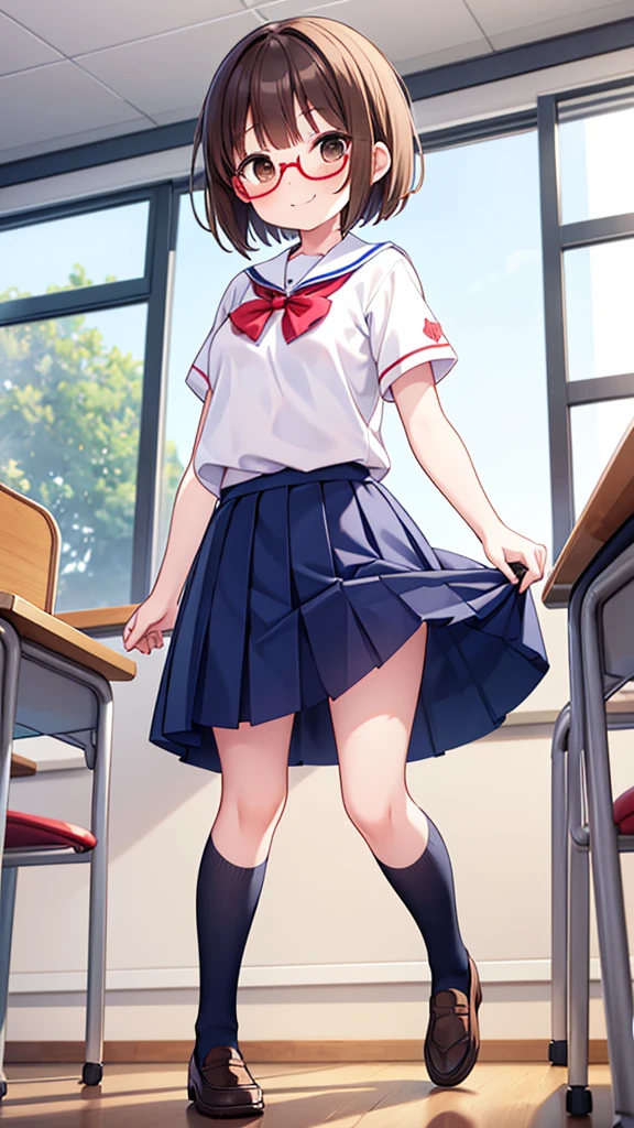 Comical movement、Teasing Smile、Shynesischief、Expectations、surprise、Shyness、School、classroom、pretty girl , Shooting from below, One Girl, Brown Hair、Very short hairstyle, Brown eyes、Red frame glasses、Short sleeve white blouse, Navy Blue Skirt, Navy blue socks, Brown Loafers