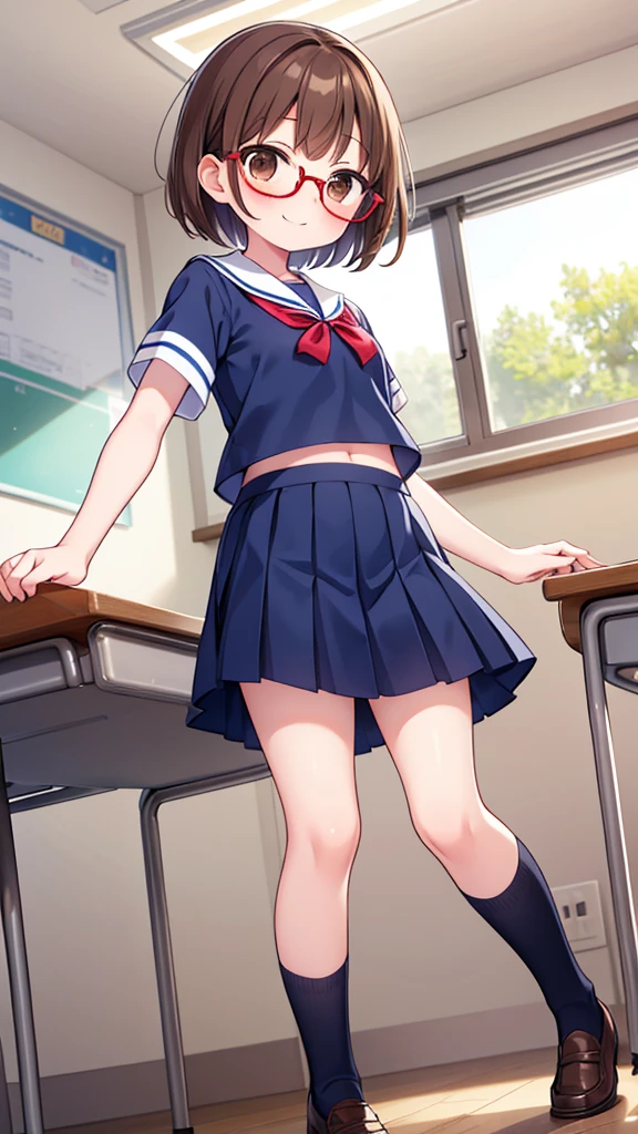 Comical movement、Teasing Smile、Shynesischief、Expectations、surprise、Shyness、School、classroom、pretty girl , Shooting from below, One Girl, Brown Hair、Very short hairstyle, Brown eyes、Red frame glasses、Short sleeve white blouse, Navy Blue Skirt, Navy blue socks, Brown Loafers
