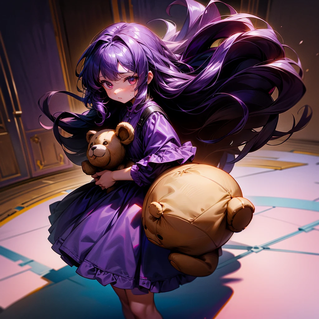 ???, 1girl, standing, holding a brown teddy bear, worried, glowing red eyes, dark purple hair, wavy long hair, wearing a cute purple dress, masterpiece, 8k, ultra-detailed, perfect hands,  very short, walling down, (no background)
