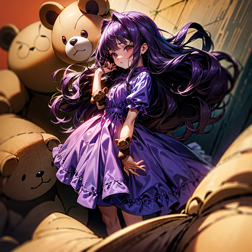 Kid, 1girl, standing, holding a brown teddy bear, worried, glowing red eyes, dark purple hair, wavy long hair, wearing a cute purple dress, masterpiece, 8k, ultra-detailed, perfect hands, very short, walling down, (no background)