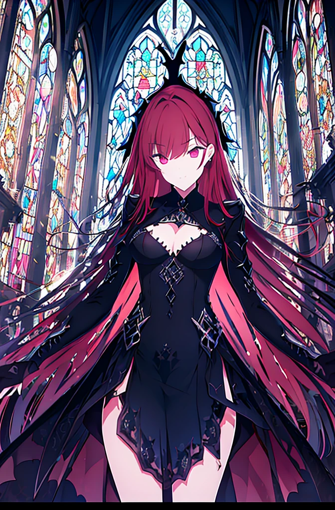 extremelydetailedwallpaper, Ultra-detailed details, detailed shadow, very precise detail, Extremely detailed 8k wallpaper, very fine 8KCG wallpapers,An old abandoned church. Her black dress was torn and stained in some places. red hair was long and fluffy. Light enters through cracked stained glass windows.((black knight costume)),