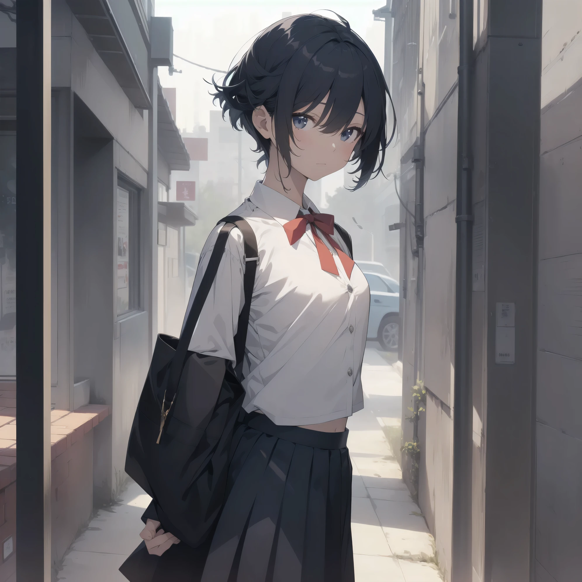 ultra-absurdres-Top quality by artist God, ultra-detailed, high resolution, anime moe artstyle, best anime 8k konachan wallpaper, pixiv contest winner, pool:2810, perfect anatomy,break, 1girl, (Please draw a girl walking sleepily to school alone. )break,(Solo,little female, 13-year-old:1.3),Full limbs, complete fingers,a junior high school student, (very short hair), short cut, flat chest, , small butt, small black eyes, beautiful detailed eyes, well-proportioned iris and pupils, expressive eyes, highres detailed hair, soft expression, salor school_uniform, sailor collar, serahuku, bow, pleated skirt,(Detailed Lighting), (Detailed background), in the School commute route. break,super detailed skin, Best cinematic lighting powered by famous artist, 8k,beauty illustration,photoshop_(medium),very aesthetic,break,((artist:kotorai )), artist:clamp ,artist:carnelian ,artist:kantoku ,
