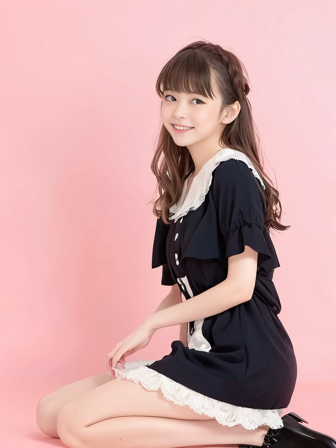 Highest quality, masterpiece, Above the knee photo, Ankh, Kneel, Side view, Cute Japanese Girls, 20th Generation, eye contact, smile, teeth, upright posture, Horizontal view, Low - Angle,