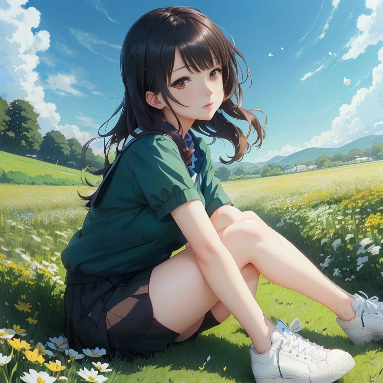 anime girl sitting on grass with white shoes in front of a field of flowers, anime visual of a cute girl, smooth anime cg art, anime moe artstyle, official art, young anime girl, anime best girl, official artwork, official anime still, beautiful anime high school girl, the anime girl is crouching, visual novel cg, in field high resolution