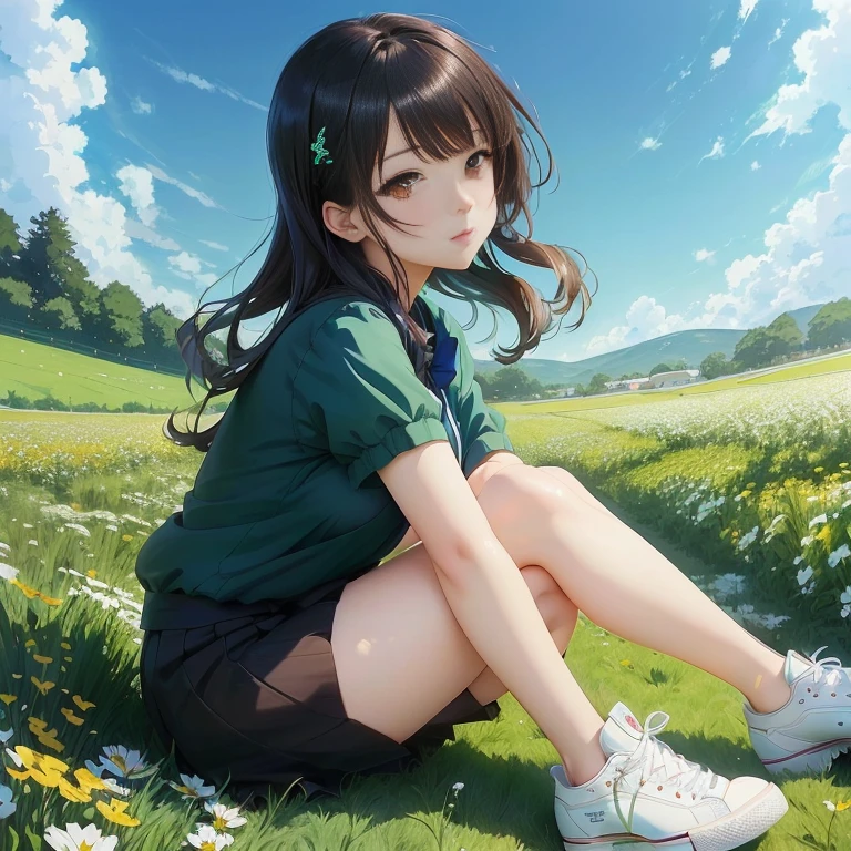 anime girl sitting on grass with white shoes in front of a field of flowers, anime visual of a cute girl, smooth anime cg art, anime moe artstyle, official art, young anime girl, anime best girl, official artwork, official anime still, beautiful anime high school girl, the anime girl is crouching, visual novel cg, in field high resolution