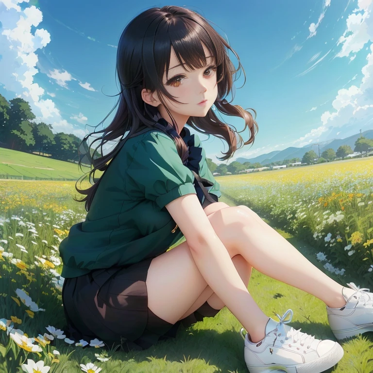 anime girl sitting on grass with white shoes in front of a field of flowers, anime visual of a cute girl, smooth anime cg art, anime moe artstyle, official art, young anime girl, anime best girl, official artwork, official anime still, beautiful anime high school girl, the anime girl is crouching, visual novel cg, in field high resolution