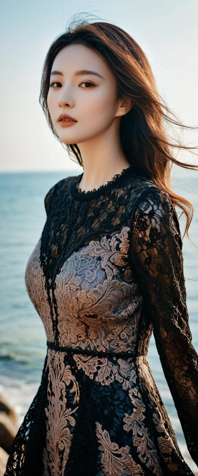 digital portrait, realistic depiction of the human body, RAW photo, one girl, gentle gray eyes, plump lips, An ennui look, huge firm bouncing busts, Long brown hair, (((Elegant black lace-like line dress, Dense and artistic lace black line dress, beautiful dress, super luxury dress)))、highest quality, super resolution, master piece:1.5, medium depth of field, 50ｍｍlens, cinematic lighting, Backlight, professional photographer, sea side, evening