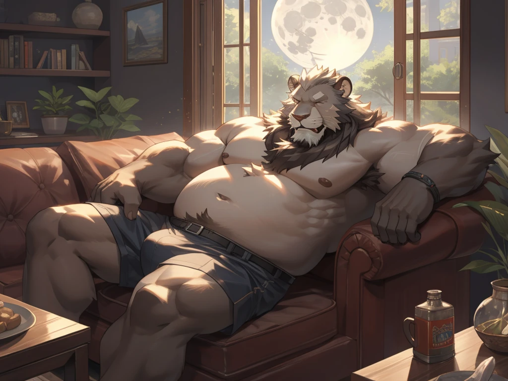 Old lion grandpa sleeping on a small couch, strong muscles, big round belly, wearing diaper, happy face, living room, window, moon light, solo character, by adios, by lindong