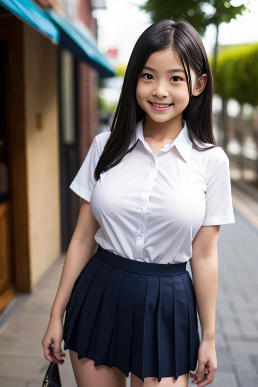 masterpiece, Highest quality, 8k, Young and beautiful girl, Baby Face、着衣Big Breasts、((((((10 years old)))))),((Large Breasts:1.3)), photo shoot, Cute Face, Thighs,、smile, 10 generations, Detailed face, Background blur、Long Hair、Black Hair、Big Breasts、Cleavage、Tight waist,((White collared shirt))mini skirt、Navy Pleated Skirt、high school girl、Black Bra、