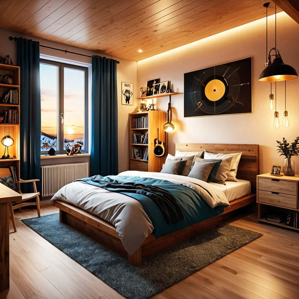 inside of a viking music lover teenagers room, there is a bed, radiant evening light