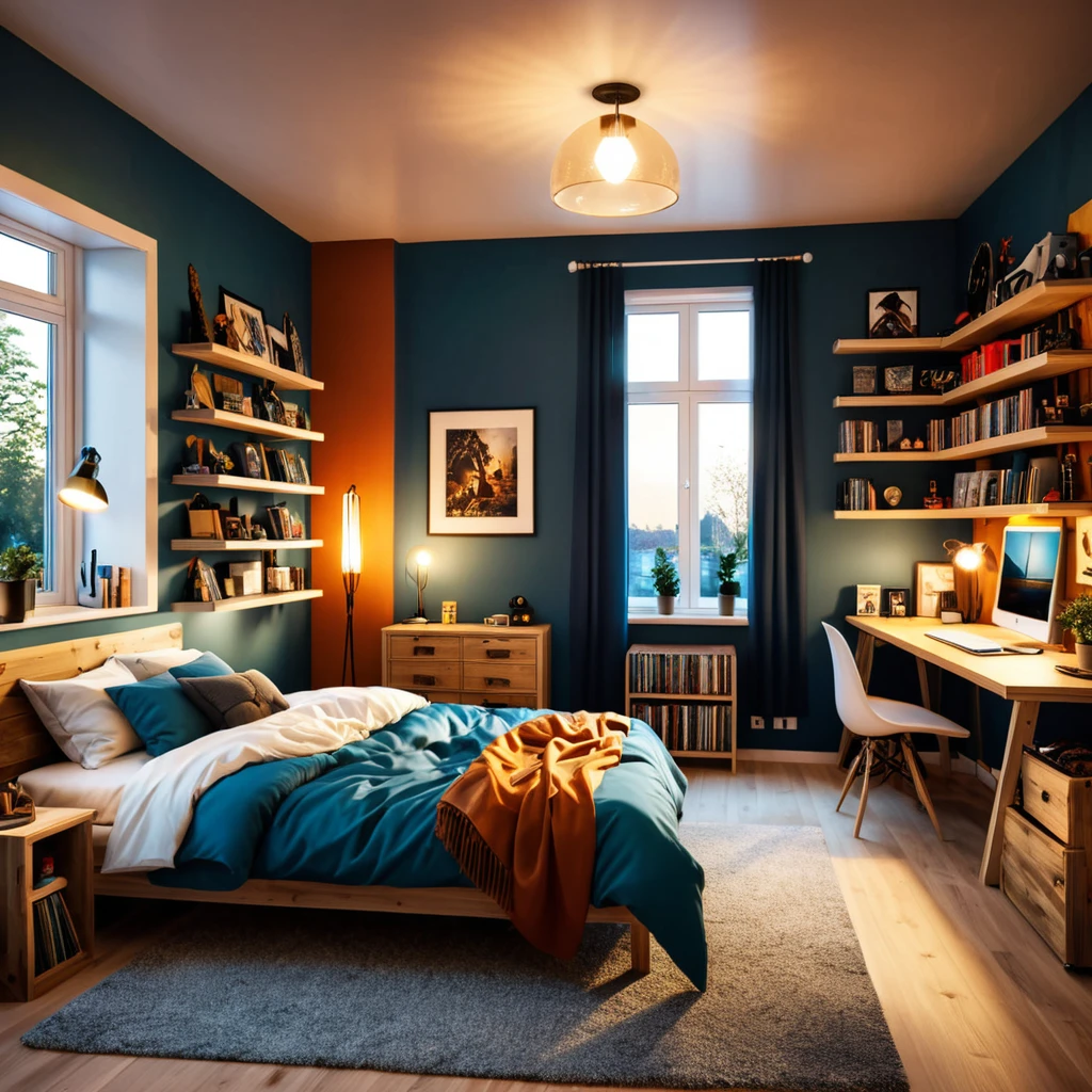 inside of a viking music lover teenagers room, there is a bed, radiant evening light
