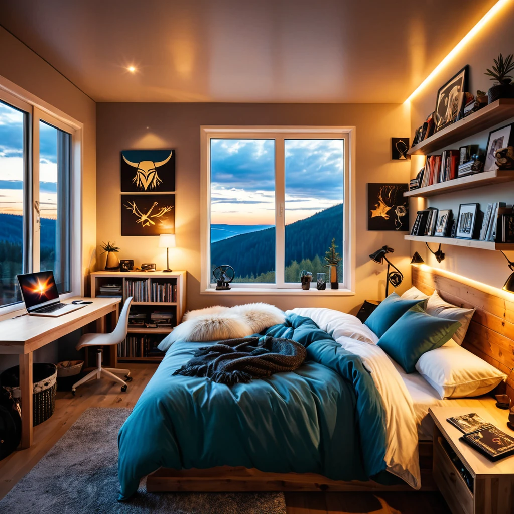 inside of a viking music lover teenagers room, there is a bed, radiant evening light
