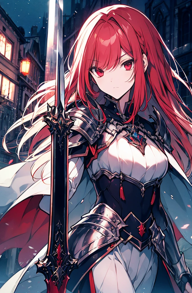 4k,hight resolution,One Woman,Bright red hair,Longhaire,red eyes,knights,white sacred armor,jewel decorations,Big sword,medieval town,furious,