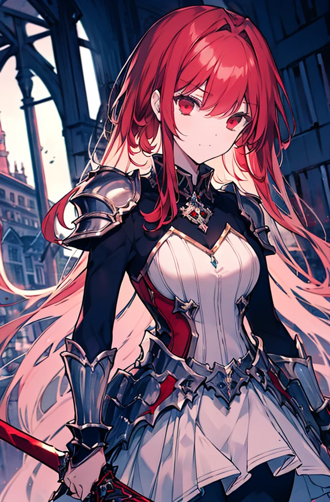 4k,hight resolution,One Woman,Bright red hair,Longhaire,red eyes,knights,white sacred armor,jewel decorations,Big sword,medieval town,furious,