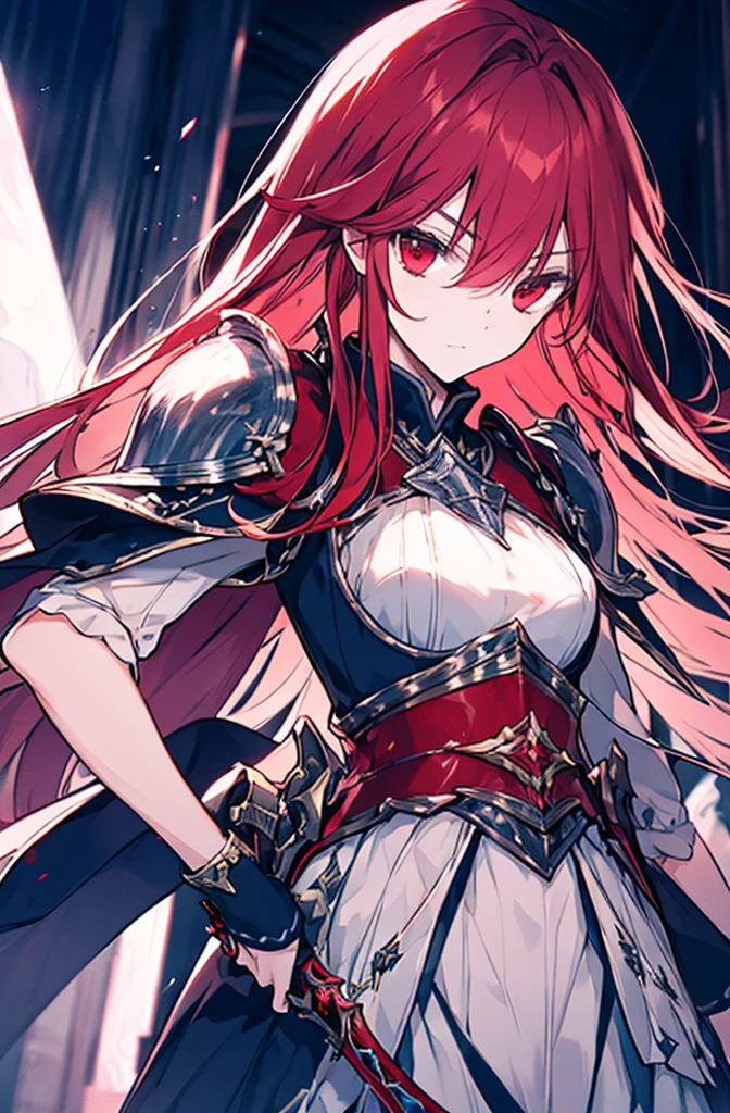 4k,hight resolution,One Woman,Bright red hair,Longhaire,red eyes,knights,white sacred armor,jewel decorations,Big sword,medieval town,furious,