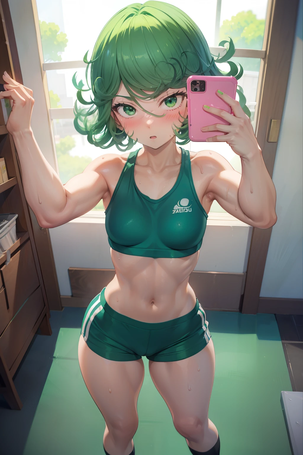 Tatsumaki ,1girl , anime , masterpiece  , green color hair  , sweat , sexy , sport bra , small  breasts , sexy,  dolphin shorts  , long socks , shy , blush , sexy body  , bodybuilding gym   . Standing , selfie 