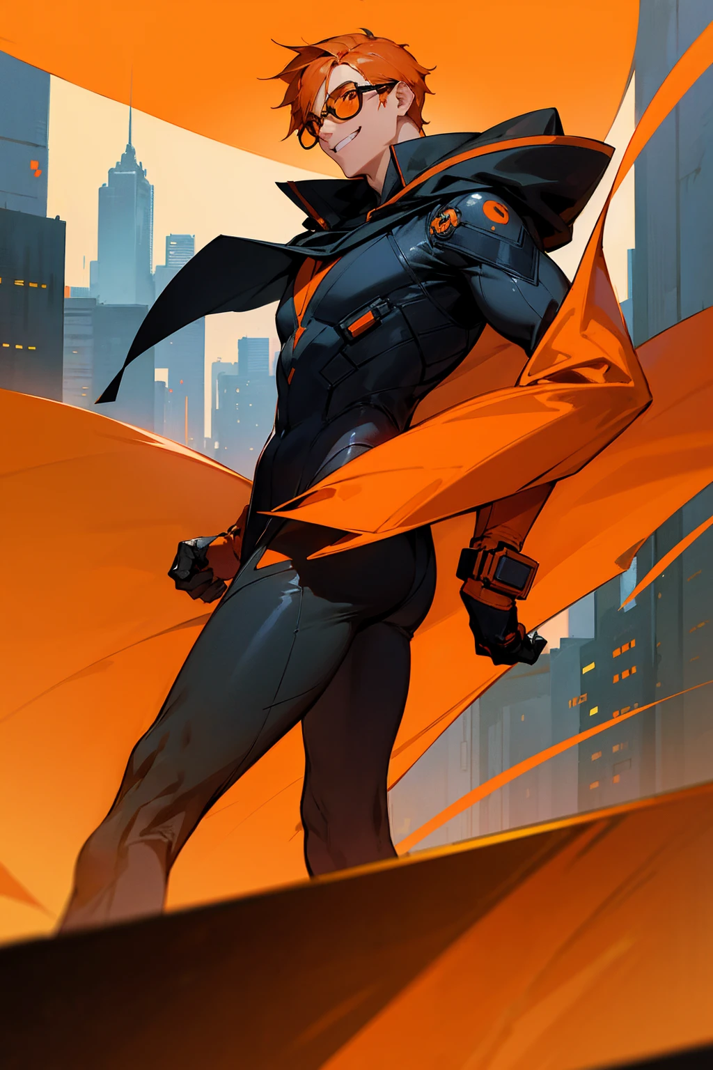 1male, dark orange hair, orange mirror shield glasses, black and orange super suit, hoodie, smiling, grinning, city background, detailed background, detailed face, standing, walking on path, hands to side